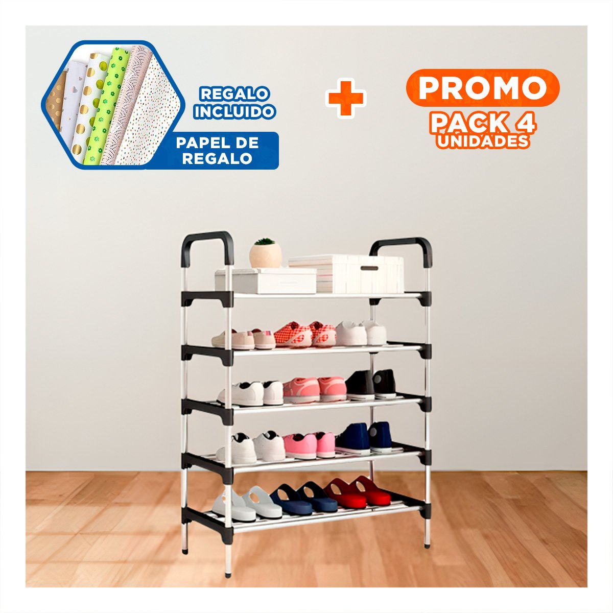 Pack4 Porta Zapatos Vertical Multi Nivel para Uso Familiar y Hogar Negro Y+Papel Regalo