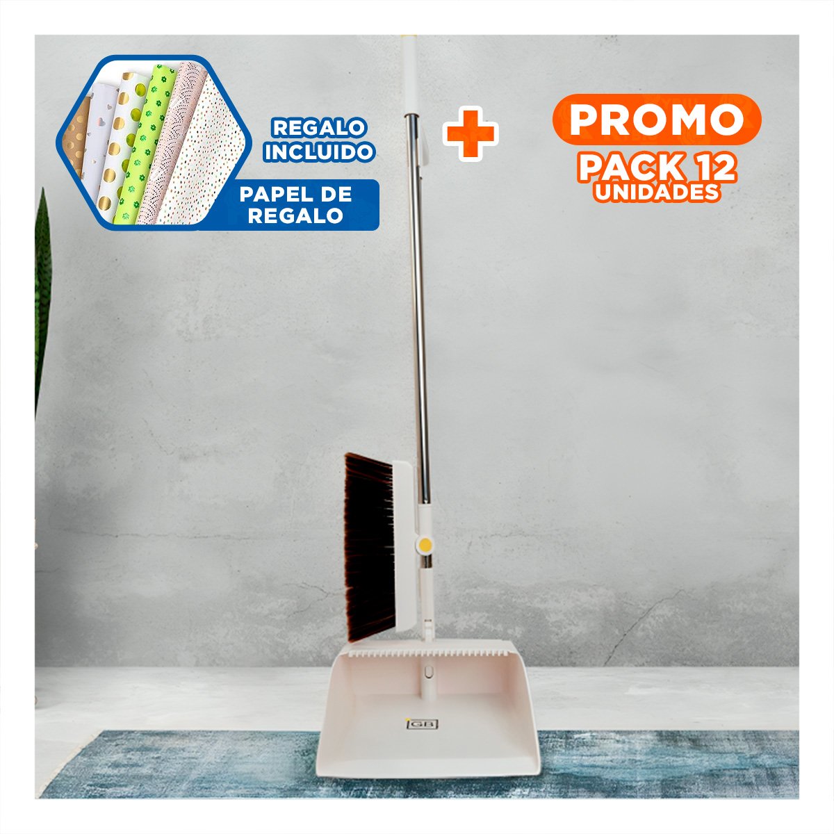 Pack12 Combo de Limpieza con Escoba y Recogedor Blanco para Pisos y Superficies Y+Papel Regalo