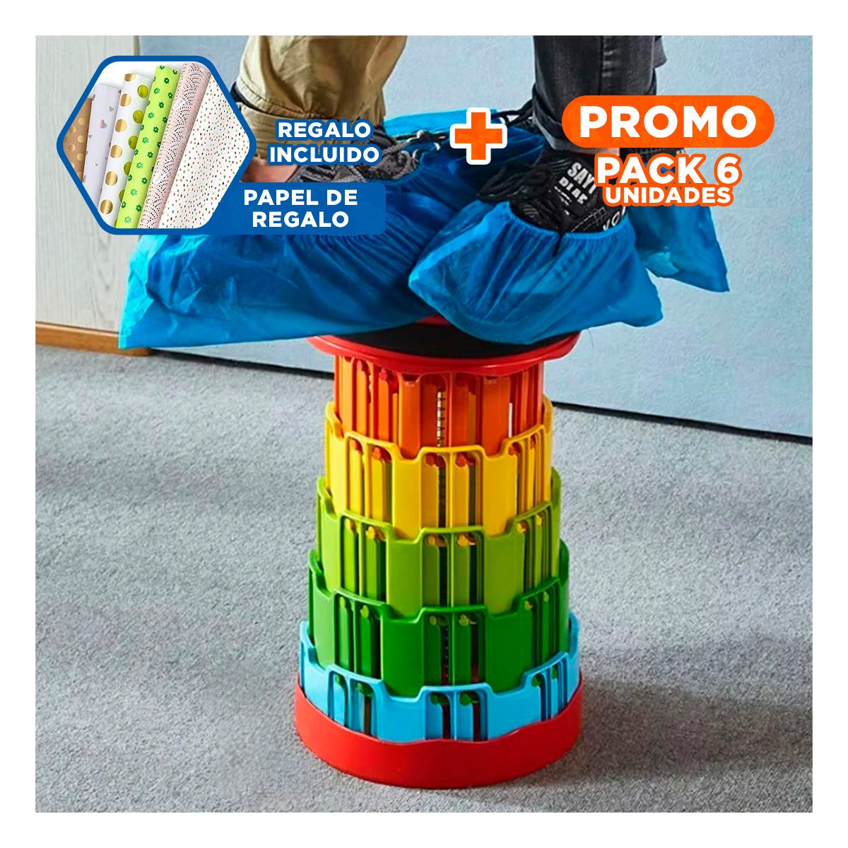 Pack6 Utilidad plegable portatil con seguros con tapa rojo centro multicolor Y+Papel Regalo