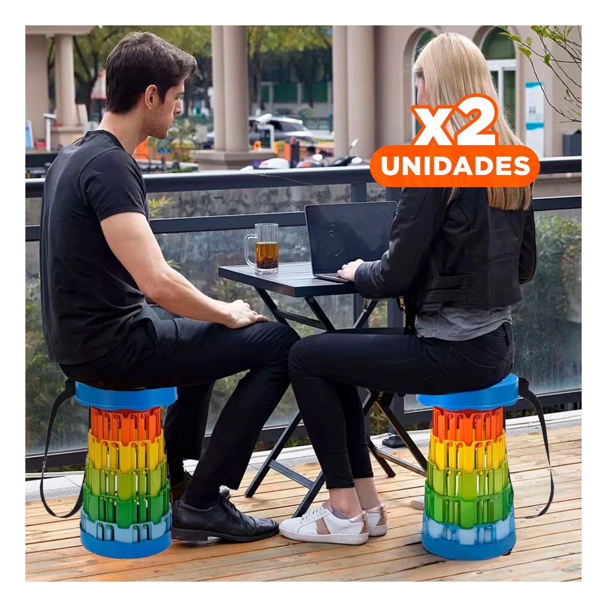 Pack2 Taburete Compacto con Base Segura para Hogar Tapa Azul Multicolor Y+Regalo Sticker