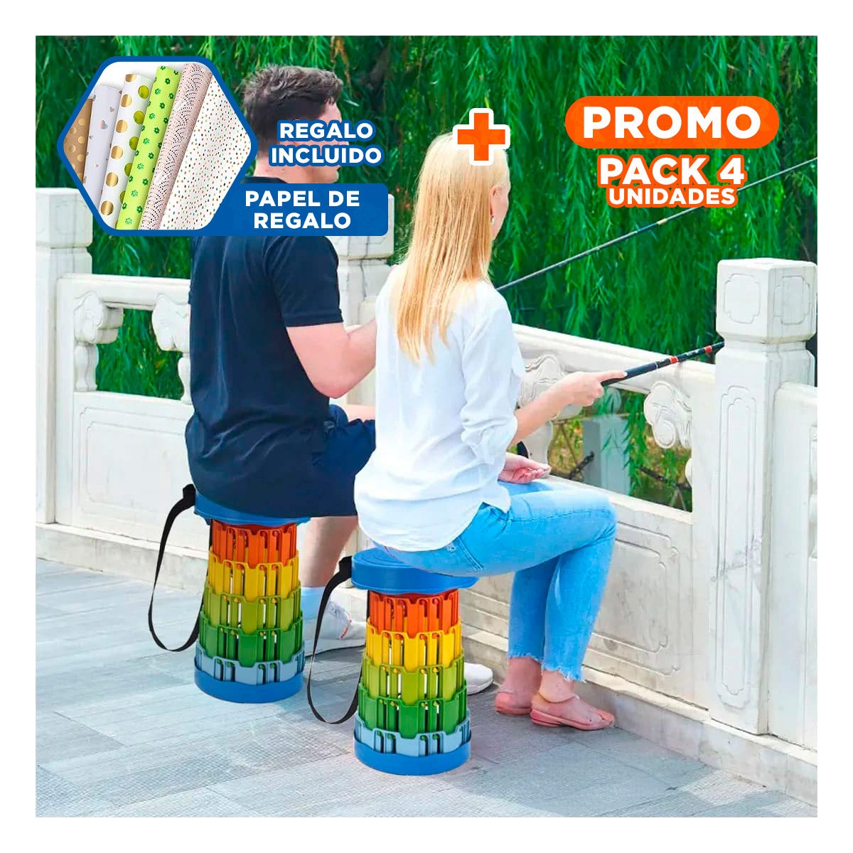 Pack4 Sillon Liviano Plegable con Sistema Seguro para Hogar Tapa Azul Multicolor Y+Papel Regalo