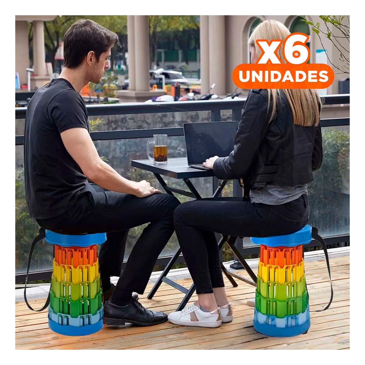 Pack6 Asiento Plegable con Seguros Portatiles para Hogar Tapa Azul Multicolor Y+Regalo Sticker