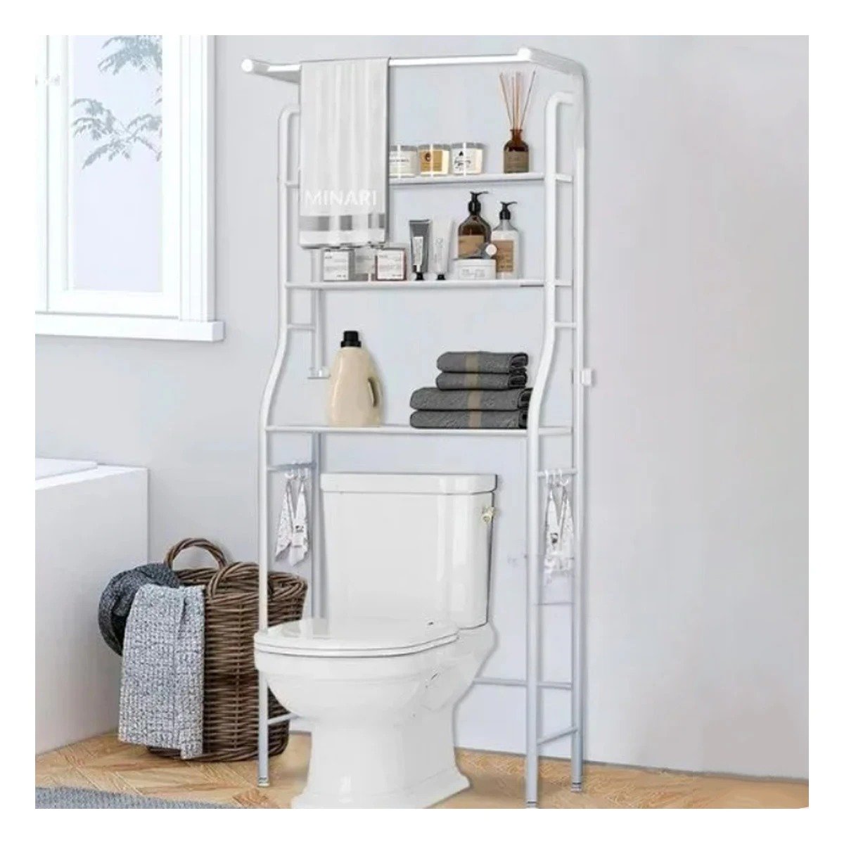 Utilitario para higiene del hogar con tres niveles y colgador para toalla blanco