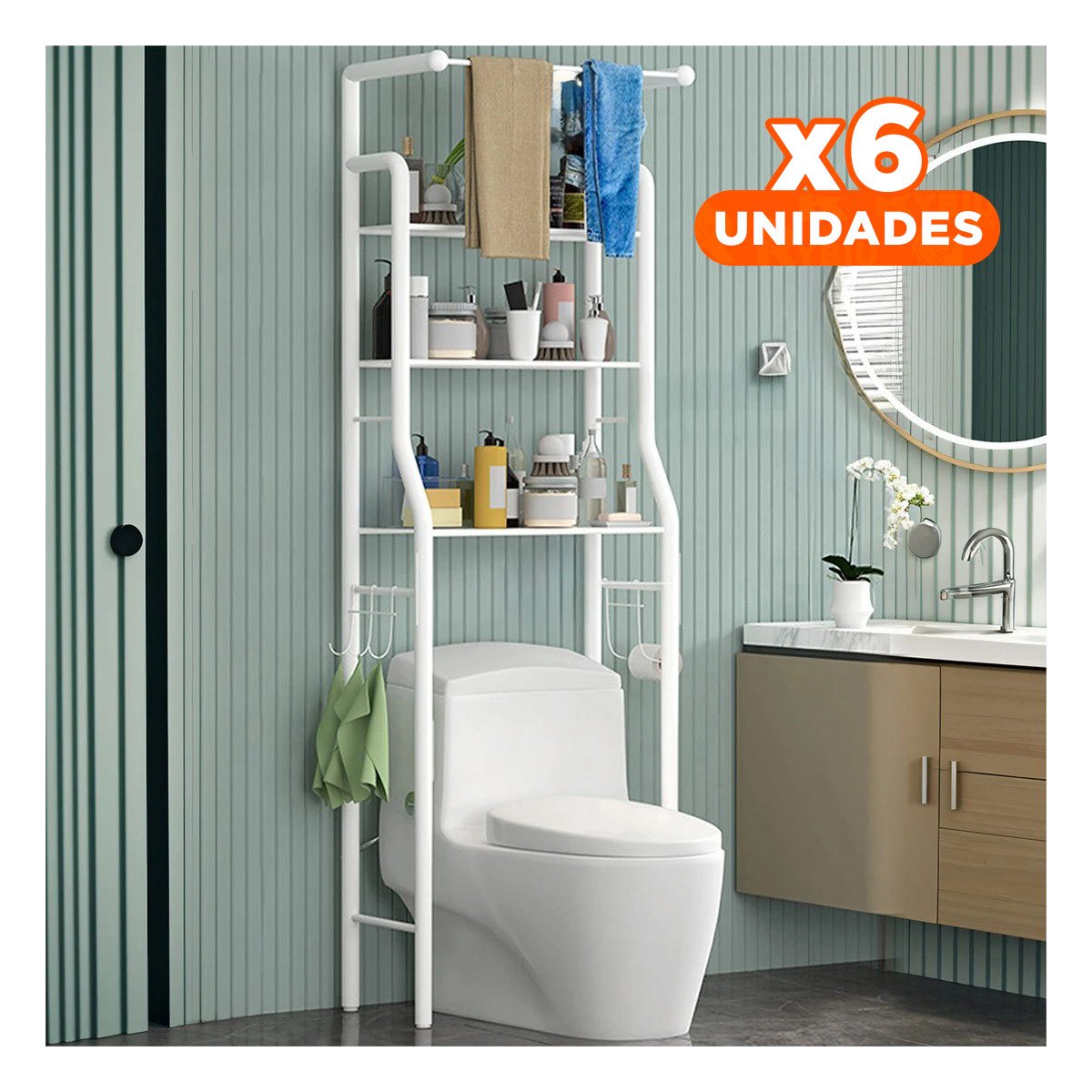 Pack6 Diseno para higiene con tres niveles y colgador para toalla blanco Y+Regalo Sticker