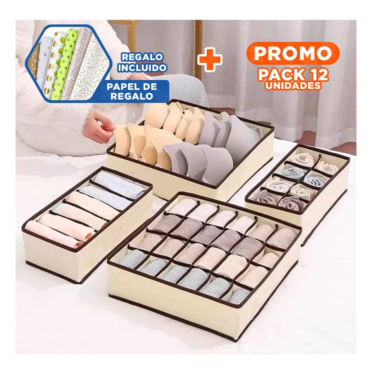 Pack12 Organizacion Hogar Organizadores de Cajon para Ropa Interior Beige Marron Y+Papel Regalo