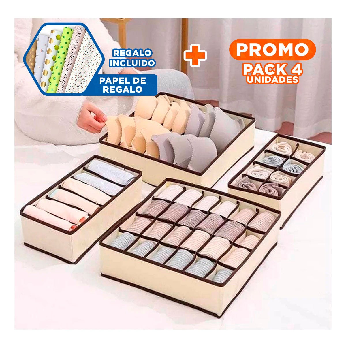 Pack4 Diseno Hogar Organizadores de Cajon para Ropa Interior Beige Marron Y+Papel Regalo