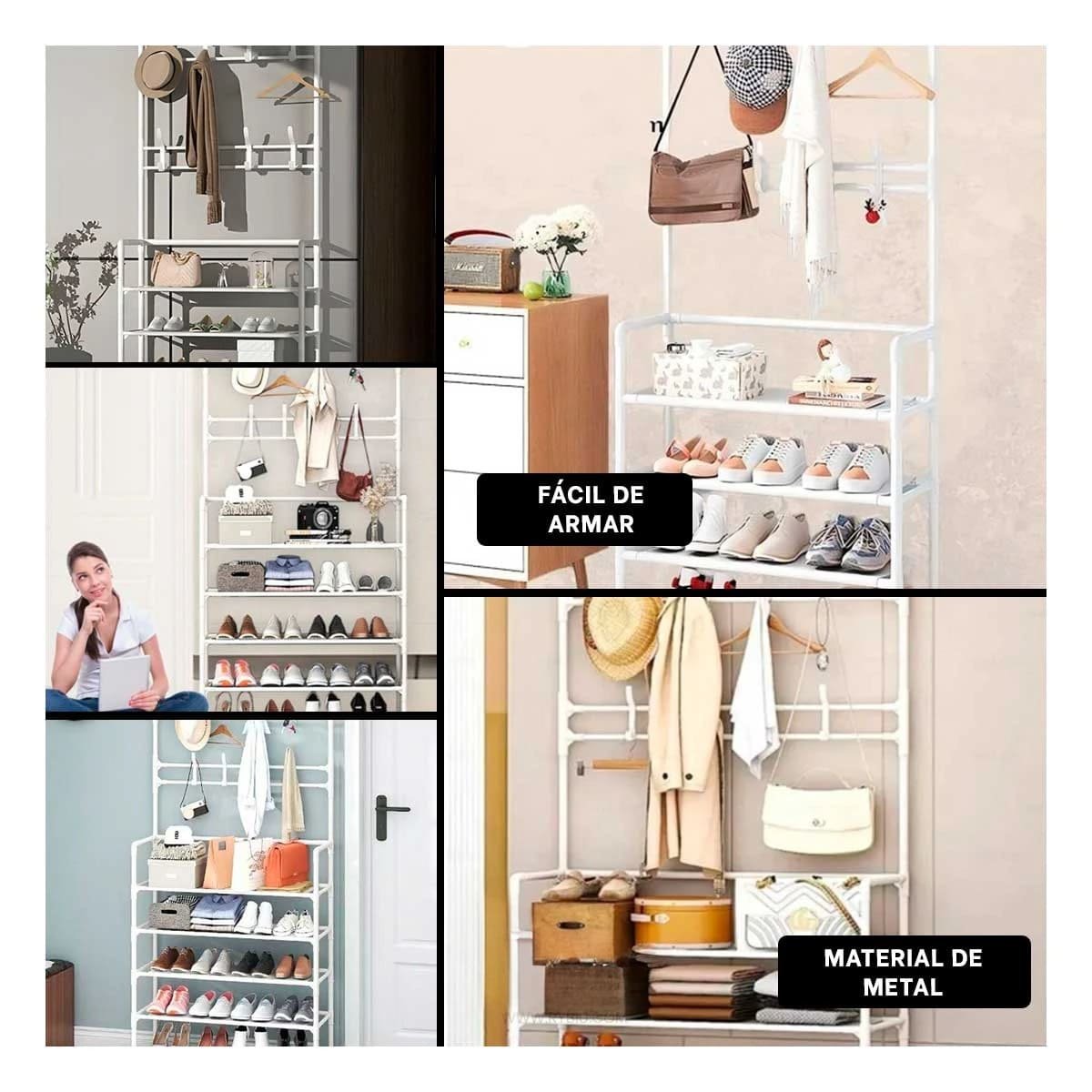 Estante Recto Zapatero con Percheros Blanco para Dormitorio Y+Post It