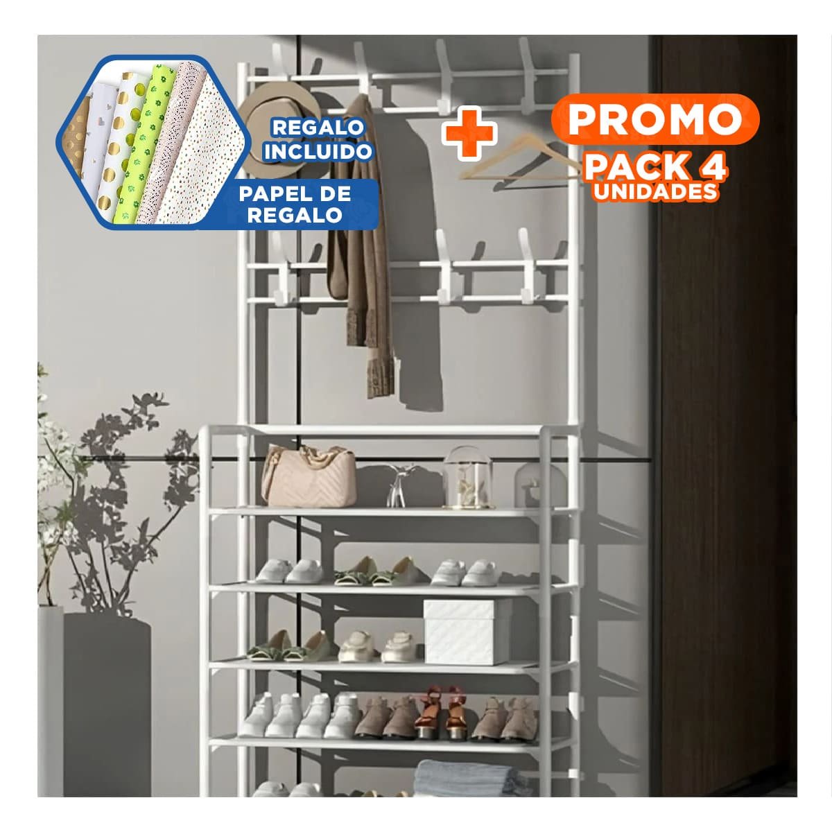 Pack4 Estructura Funcional Zapatero con Percheros Recto Blanco para Hogar Y+Papel Regalo