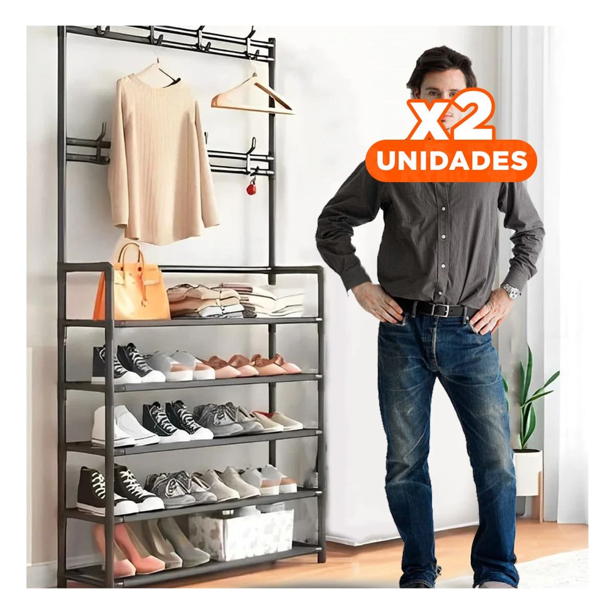 Pack2 Zapatera recta negra con percheros para ordenar zapatos y prendas Y+Regalo Sticker