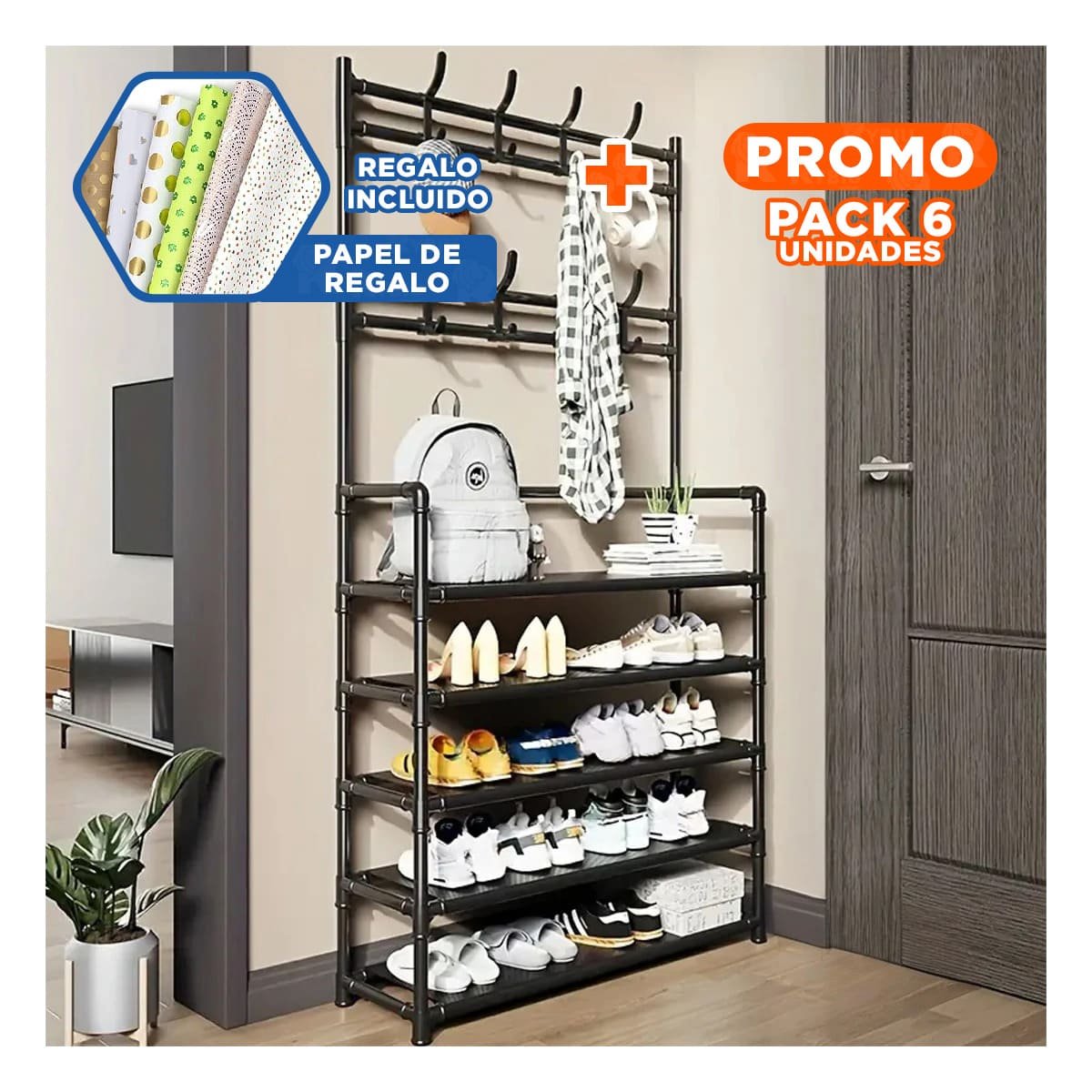 Pack6 Gabinete recto negro con percheros para un ambiente practico y ordenado Y+Papel Regalo