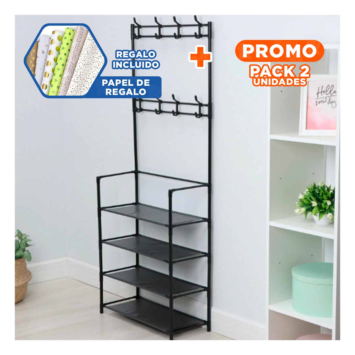 Pack2 Unidad Vertical con Percheros Recto Negro para Zapatos Y+Papel Regalo