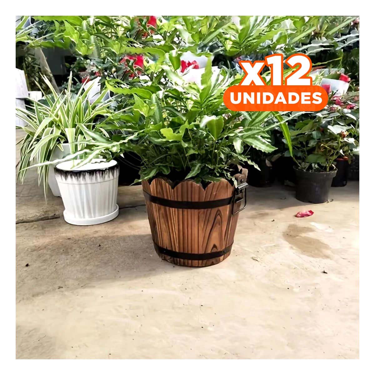 Pack12 Portamacetas Rustico de Madera Estilo Barril Marron