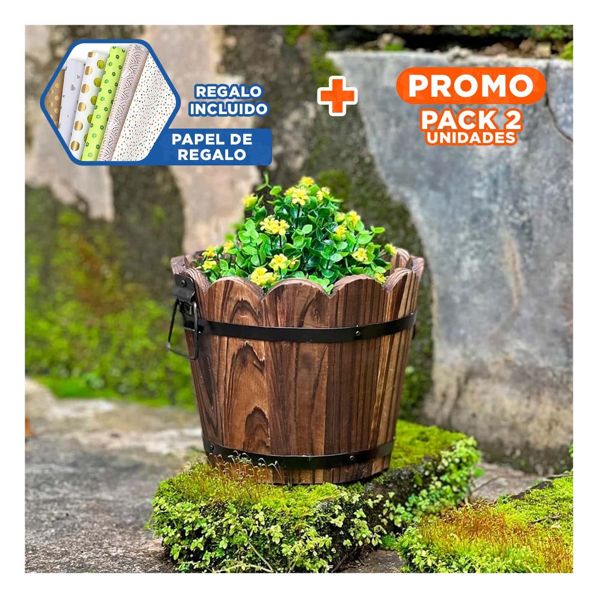 Pack2 Jardinera Decorativa de Madera Tipo Barril con Borde Ondeado Marron Y+Papel Regalo