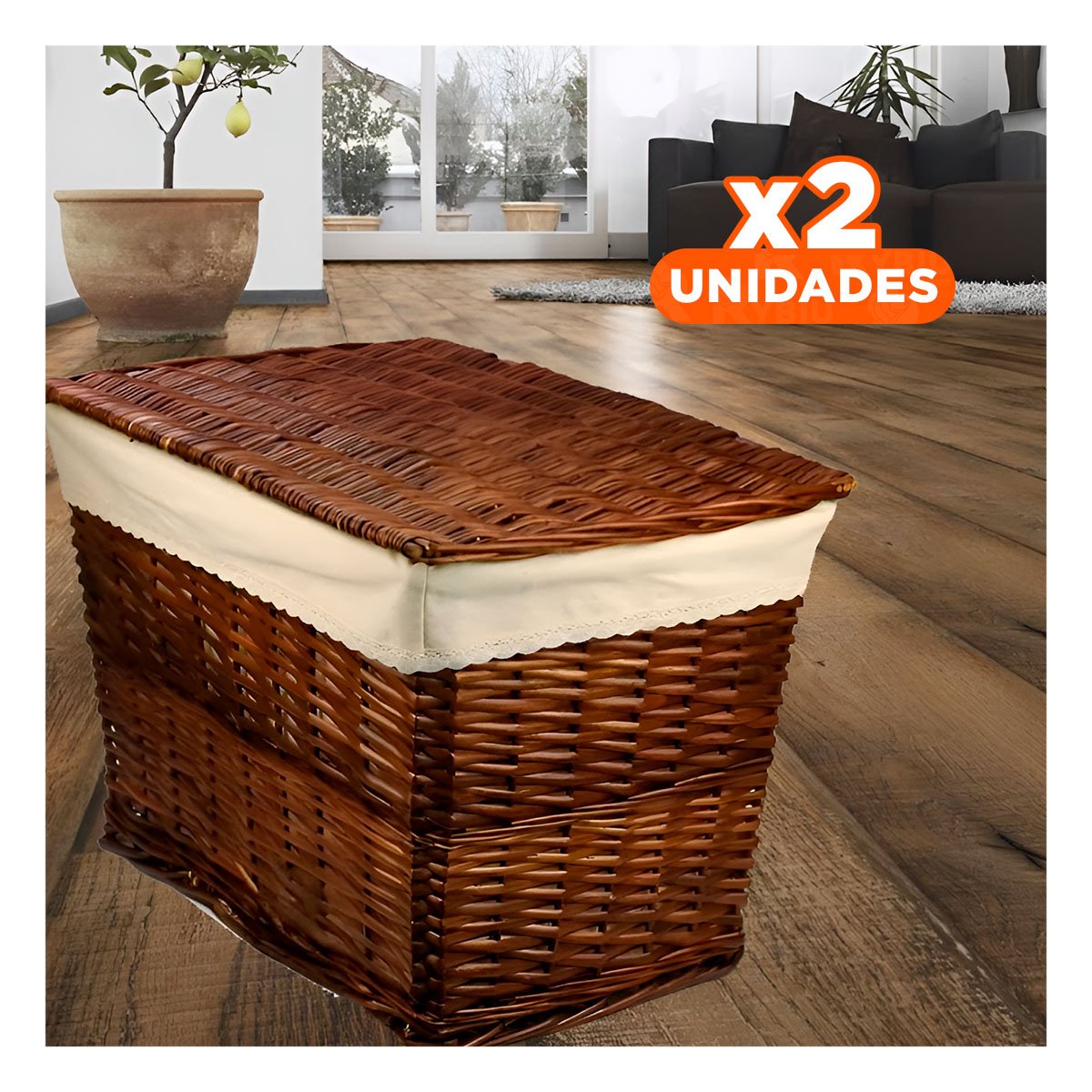 Pack2 Accesorio de Mimbre Rectangular con Forro y Tapa para Hogar Marron Y+Regalo Sticker