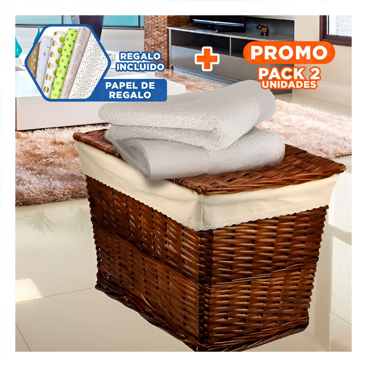 Pack2 Organizador de Mimbre Rectangular con Forro Interior y Tapa Marron Y+Papel Regalo