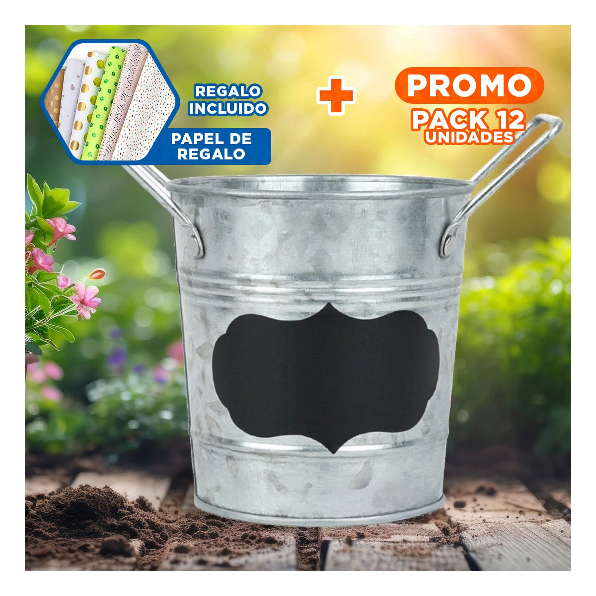 Pack12 Cubeta Cubo de Metal con Doble Agarradera y Cuadro para Nota para la Mesa Y+Papel Regalo