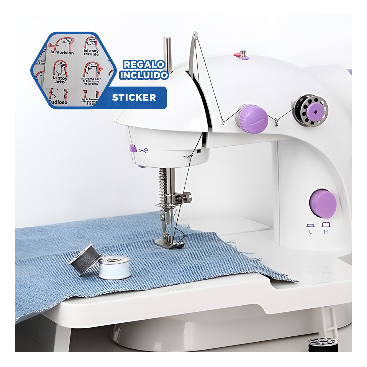 Equipo de Coser con Mesa Portatil Morado y Acabado Blanco Limpio Y+Regalo Sticker