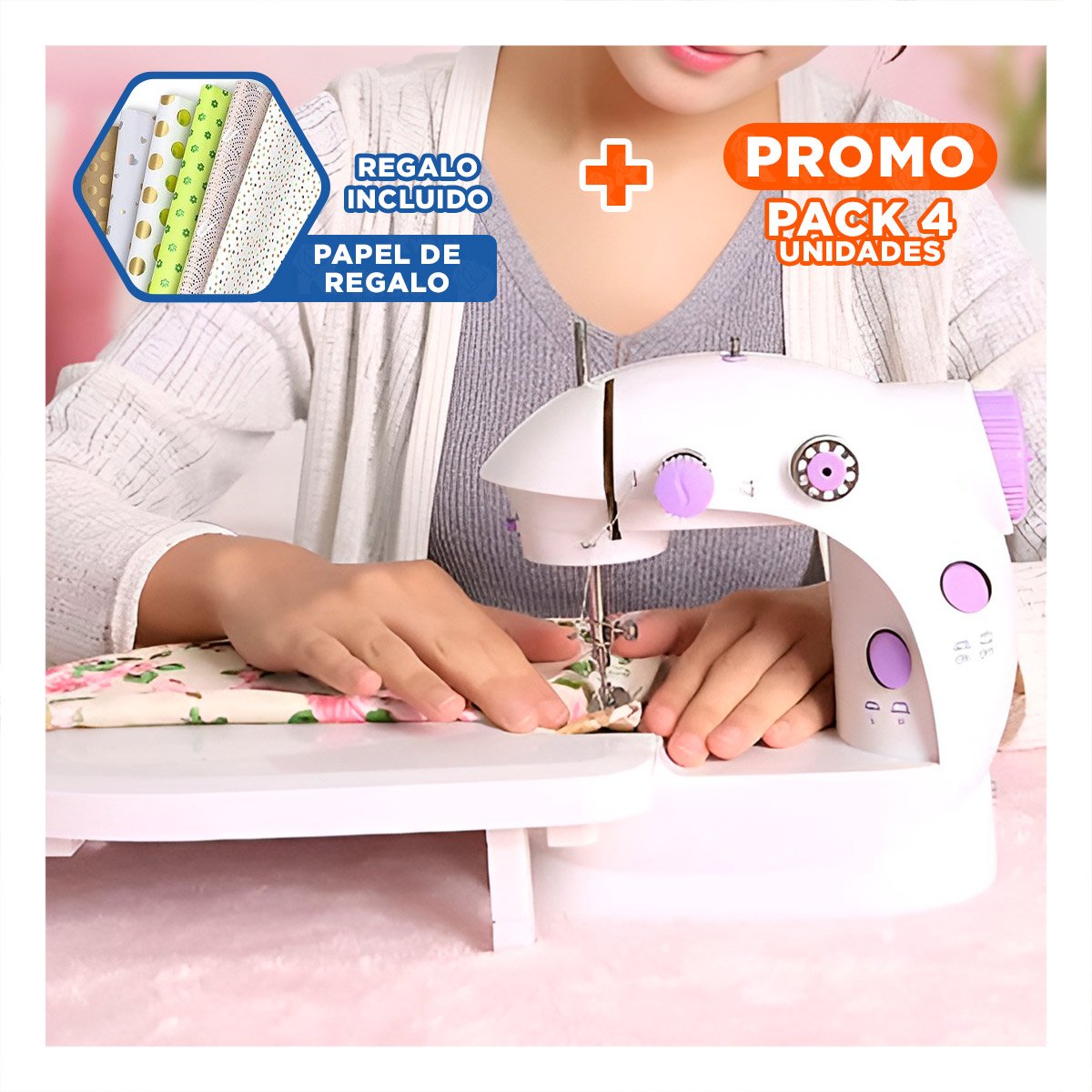 Pack4 Maquina con Detalles Morados y Mesa Portatil Blanco para Coser Comodo Y+Papel Regalo