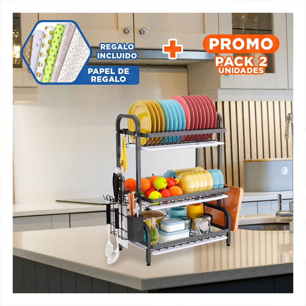Pack2 Escurridor de Platos con Bandejas y Soporte Utensilios en Color Negro Y+Papel Regalo
