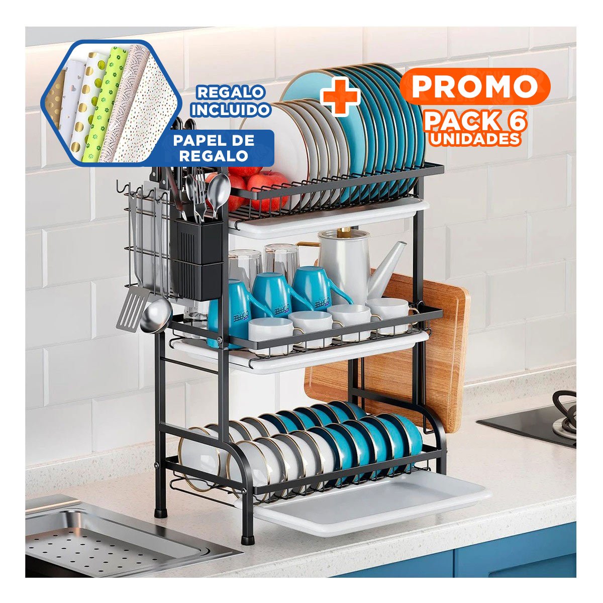 Pack6 Soporte de Platos Negro con Distribucion de 3 Niveles Y+Papel Regalo