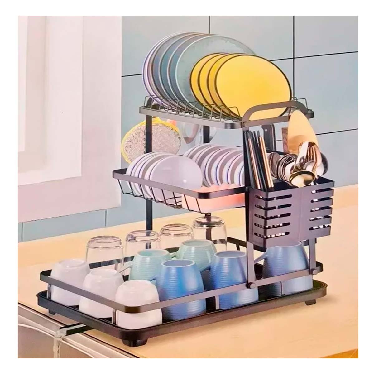 Organizador de Platos de 3 Niveles con Sistema de Drenaje Negro