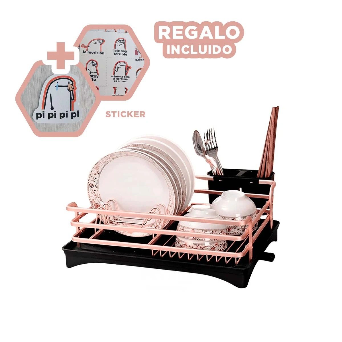 Organizador de Platos con Drenaje y Soporte Utensilios Oro Rosa Y+Regalo Sticker