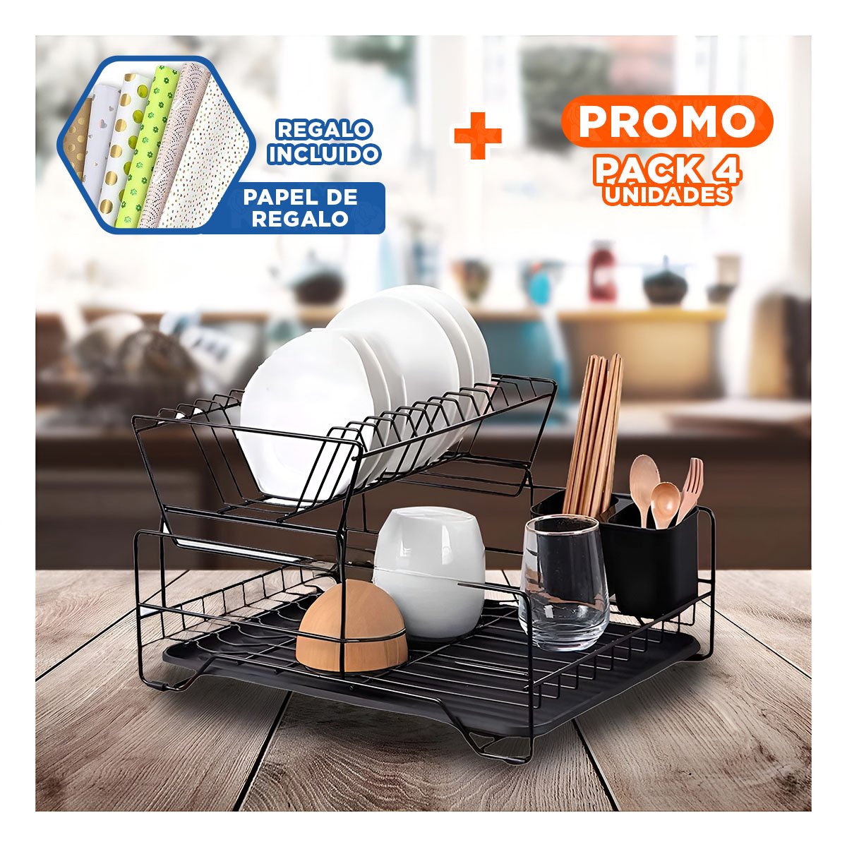 Pack4 Sistema de Platos con Organizacion de 2 Niveles Negro Y+Papel Regalo