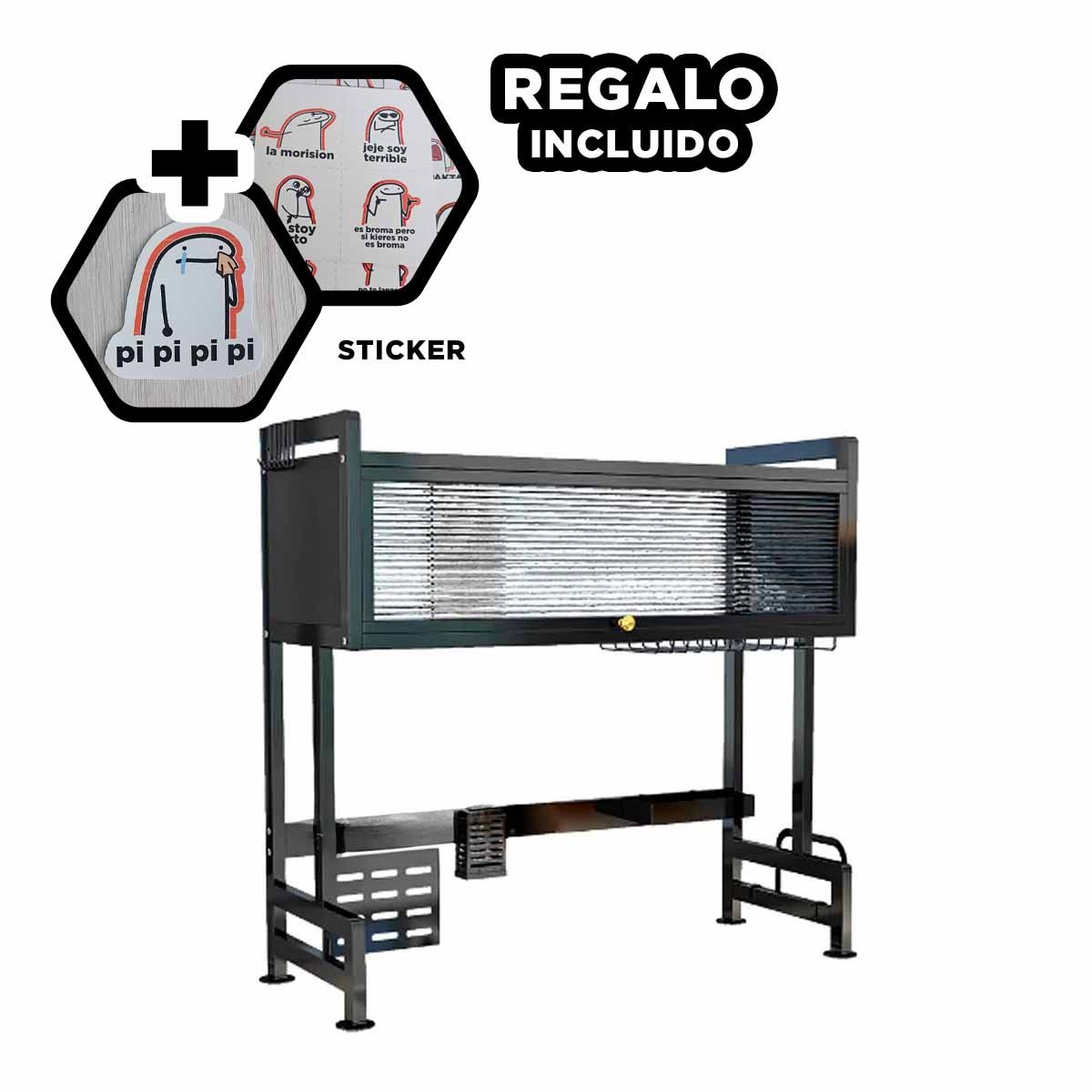 Organizador de Platos con Alacena Superior y Zona de Lavadero Negro Y+Regalo Sticker