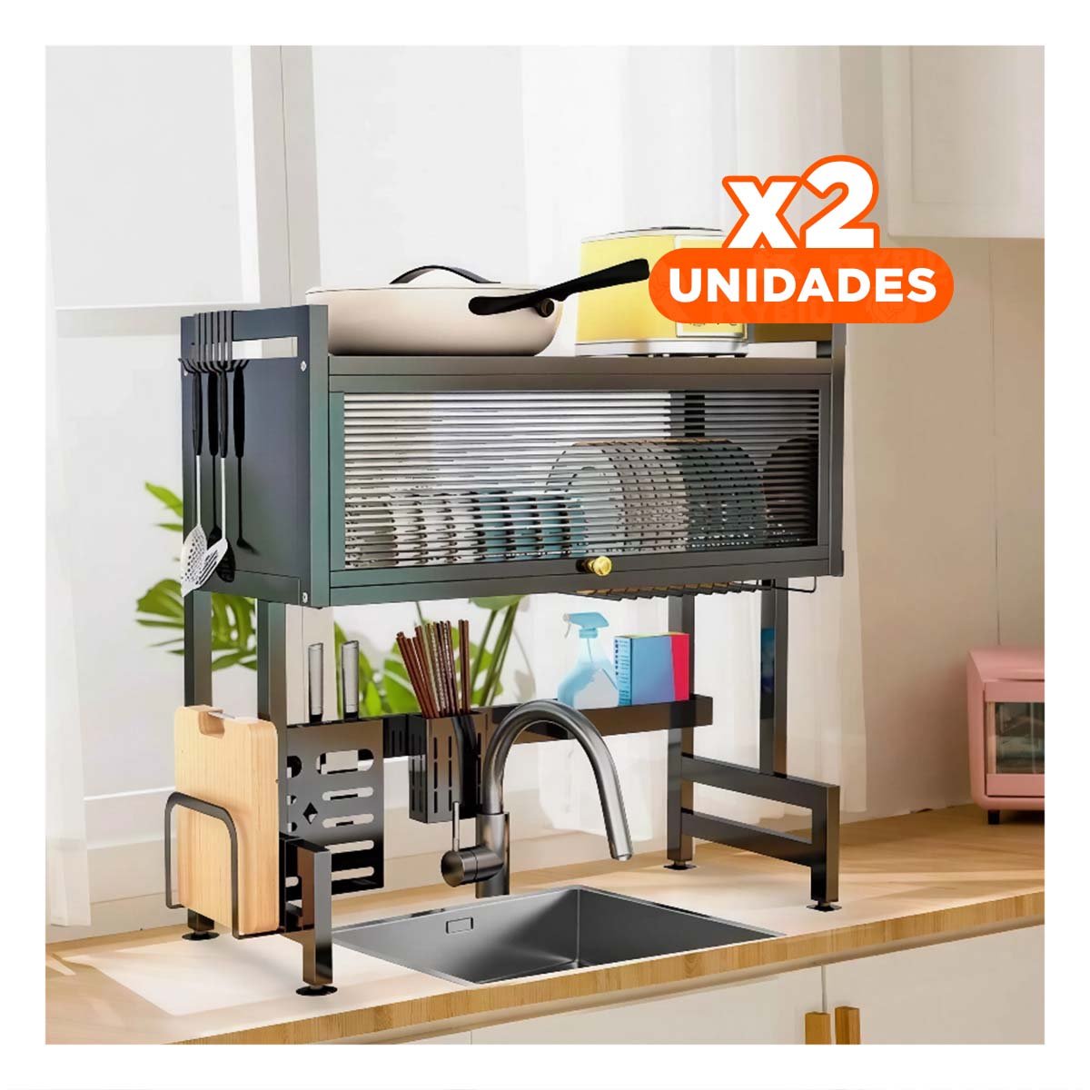 Pack2 Escurridor de Platos con Gabinete Superior y Lavadero Negro Y+Regalo Sticker