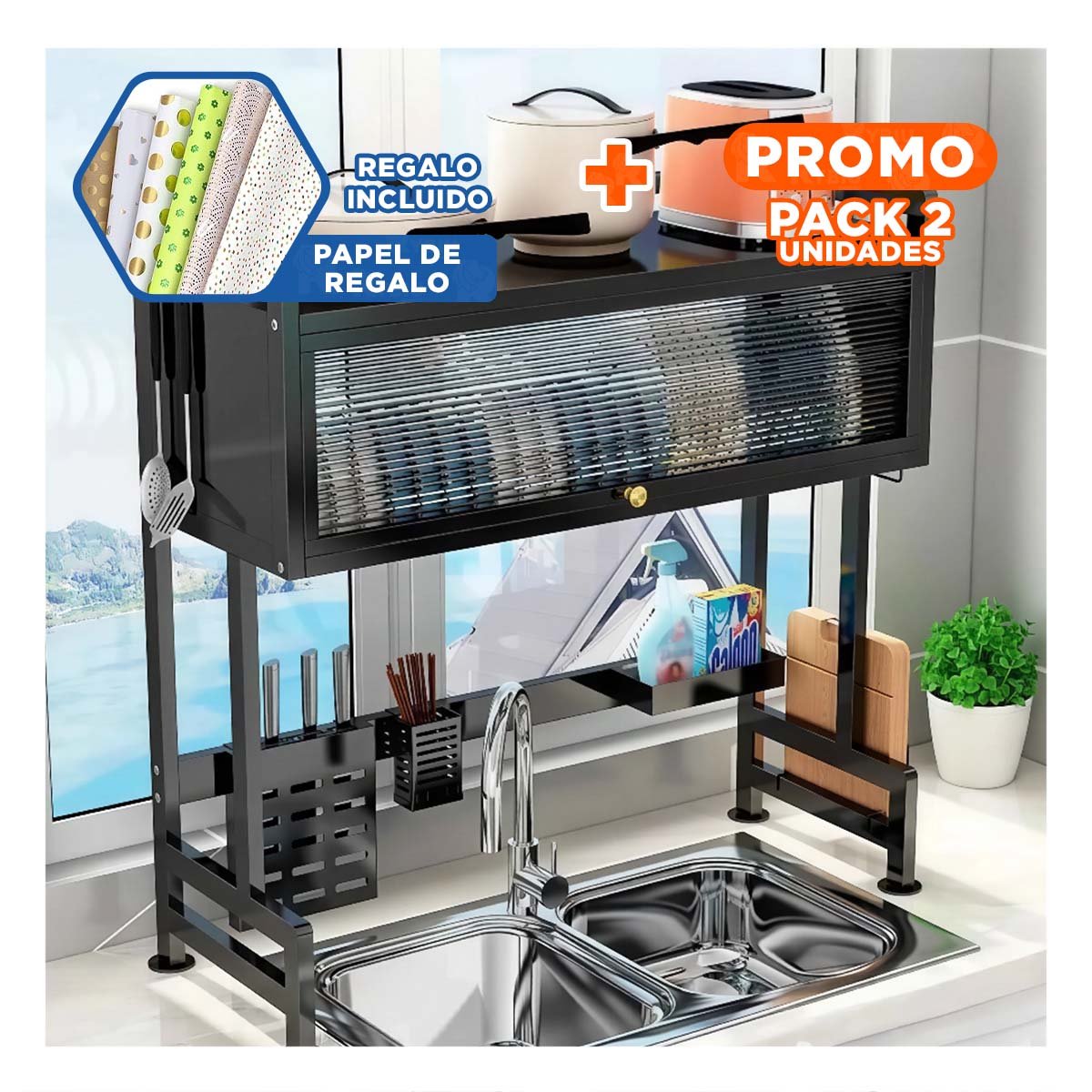 Pack2 Escurridor de Cocina Negro con Lavadero Integrado y Gabinete Superior Y+Papel Regalo