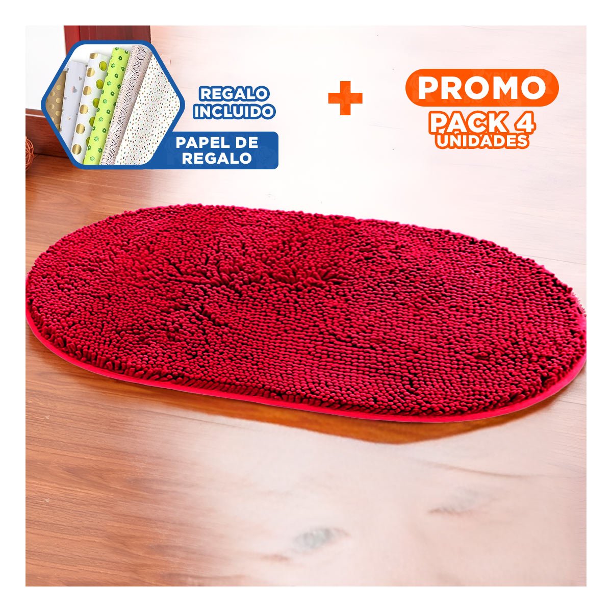 Pack4 Accesorio Funcional Ovalado de Microfibra 40x60cm Rojo para Piso Y+Papel Regalo