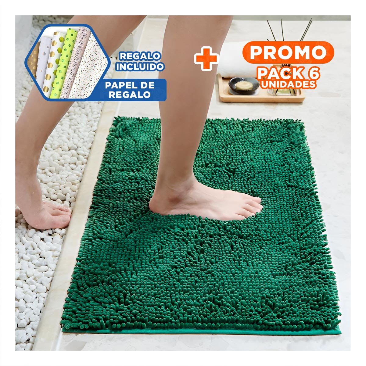 Pack6 Tapiz Rectangular Antideslizante Microfibra 40x60cm Verde oscuro para Bano Y+Papel Regalo