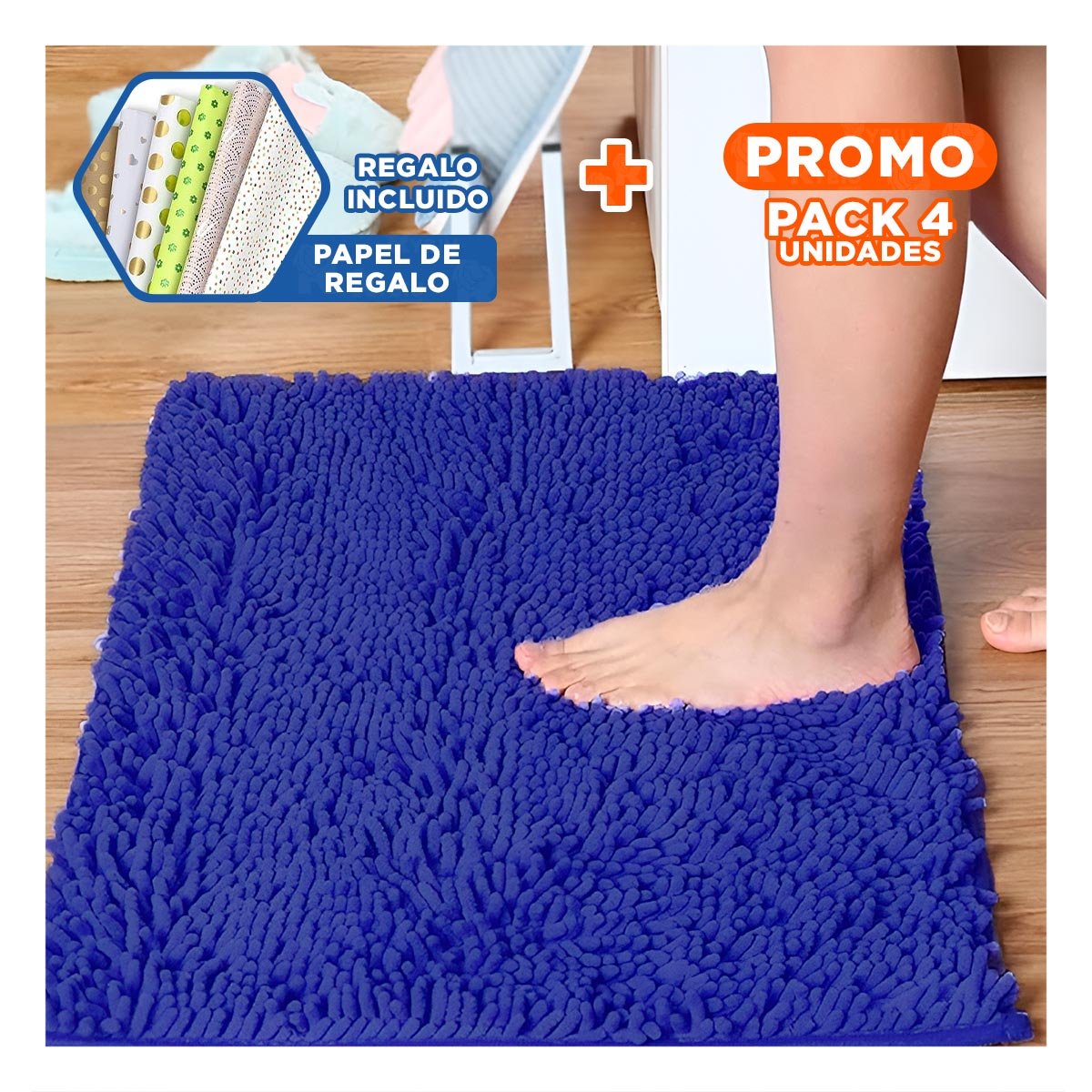 Pack4 Cubrepiso Rectangular Suave Microfibra 40x60cm Azul para Bano Y+Papel Regalo