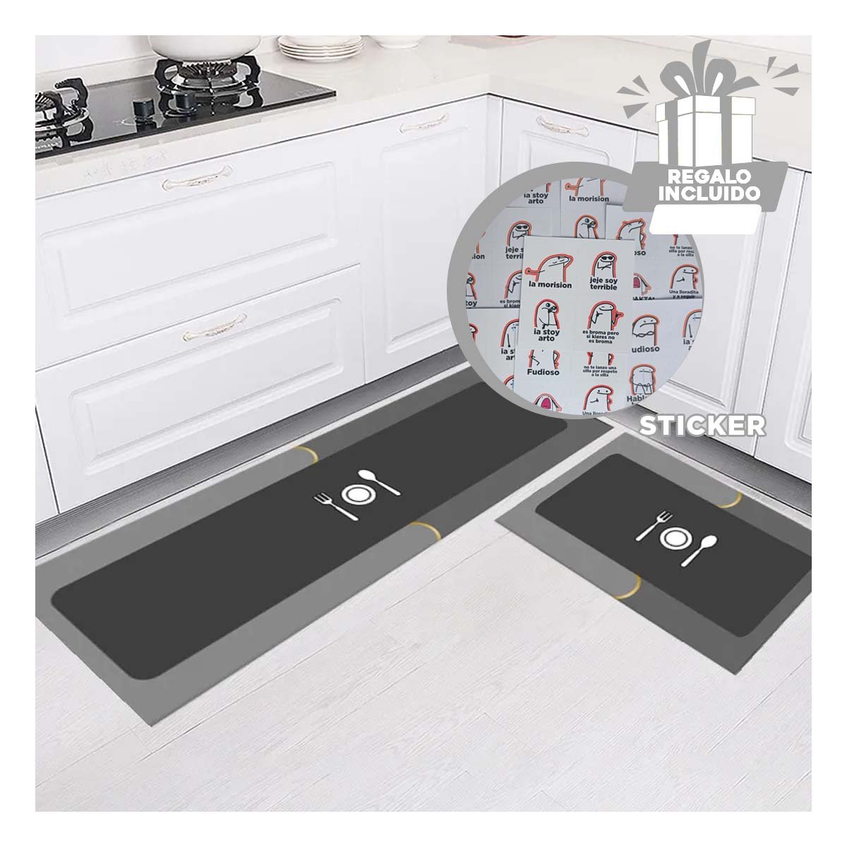 Mat de Piso Antideslizante para Cocina y Uso Diario en Casa Celeste Y+Regalo Sticker