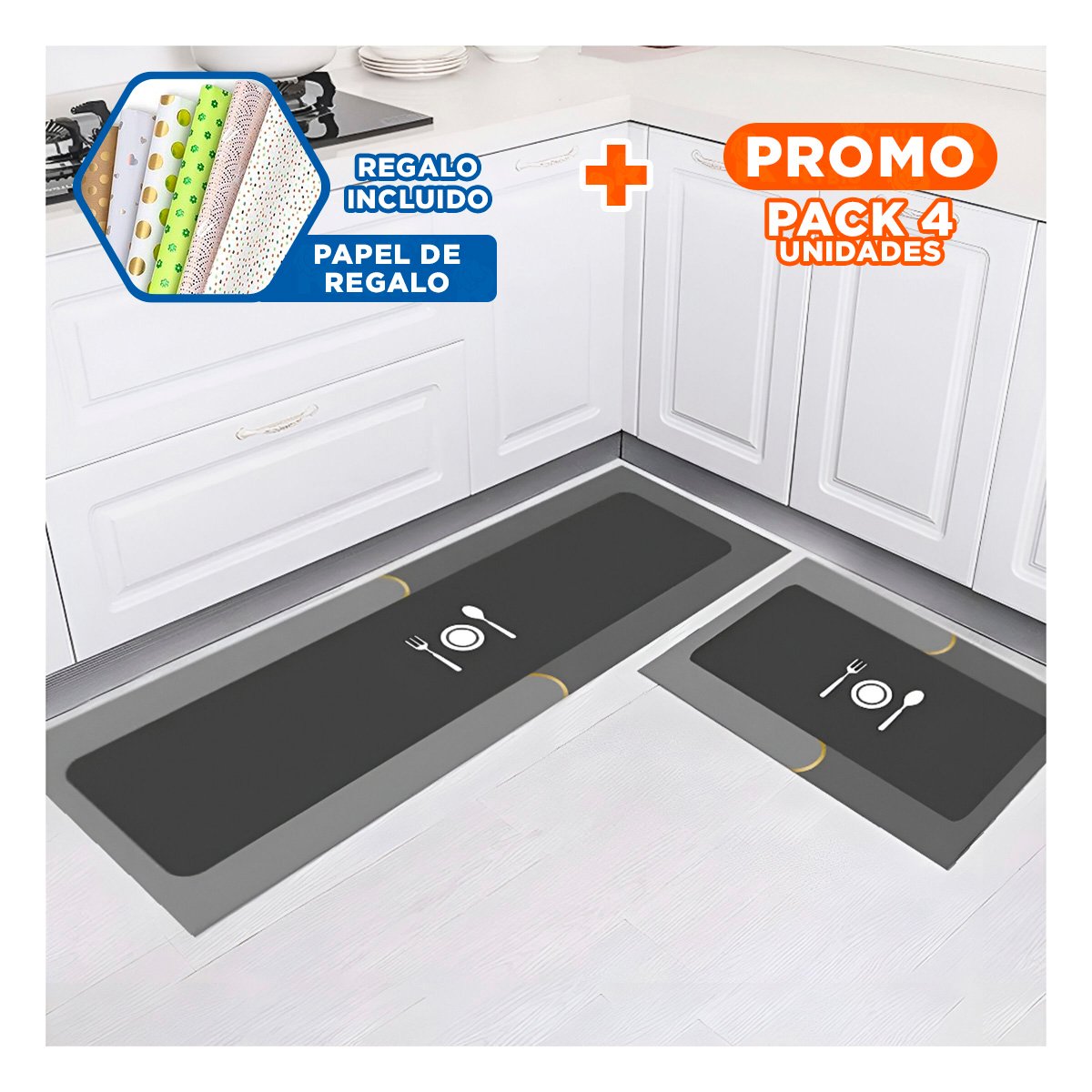 Pack4 Base de Piso Antideslizante para Cocina y Ambientes del Hogar Celeste Y+Papel Regalo