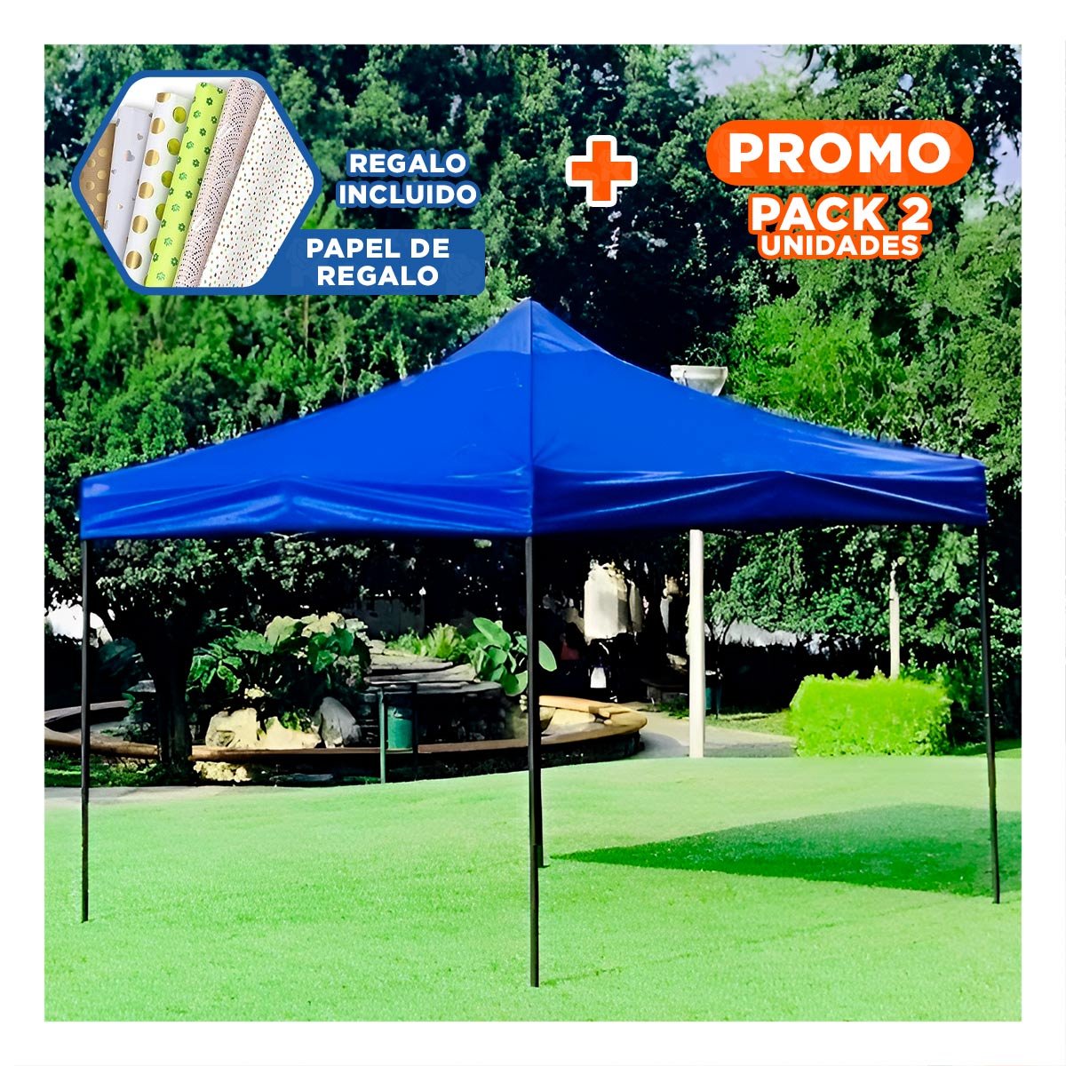 Pack2 Toldo Plegable de Facil Instalacion con Dimensiones 3x3x2.3m Color Azul Y+Papel Regalo