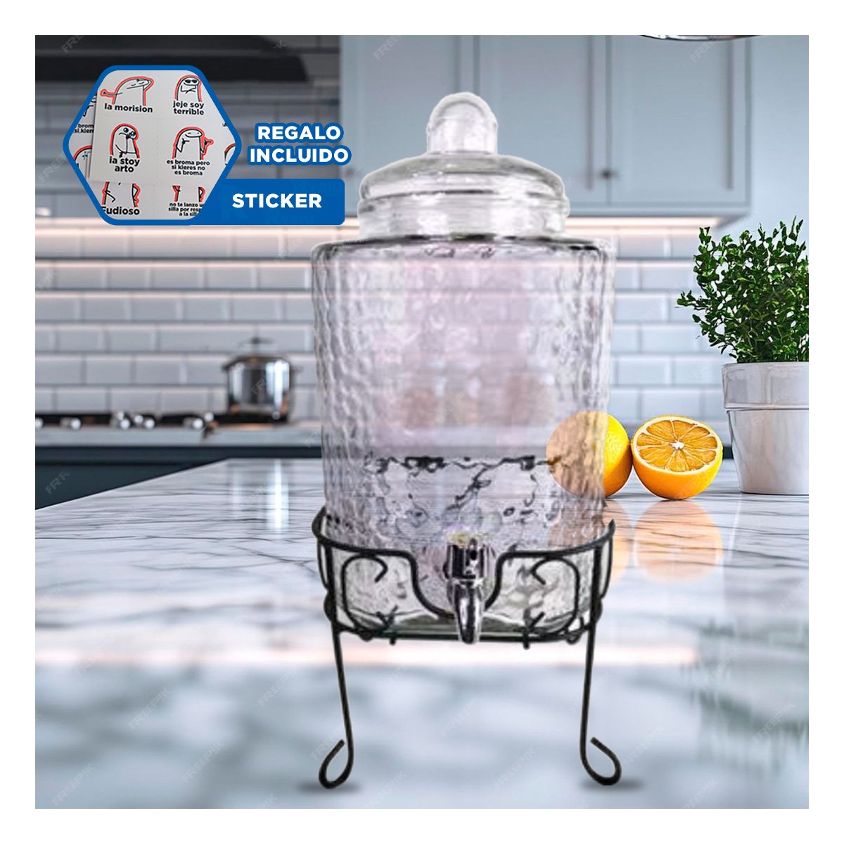 Utensilio de Bebida Transparente 6L con Base Metalica para Reuniones Y+Regalo Sticker