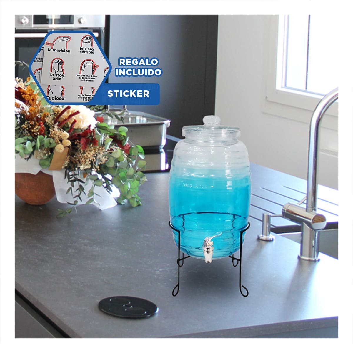 Soporte de Bebidas 10L con Base Metalica y Tapa Chupon Transparente Celeste Y+Regalo Sticker