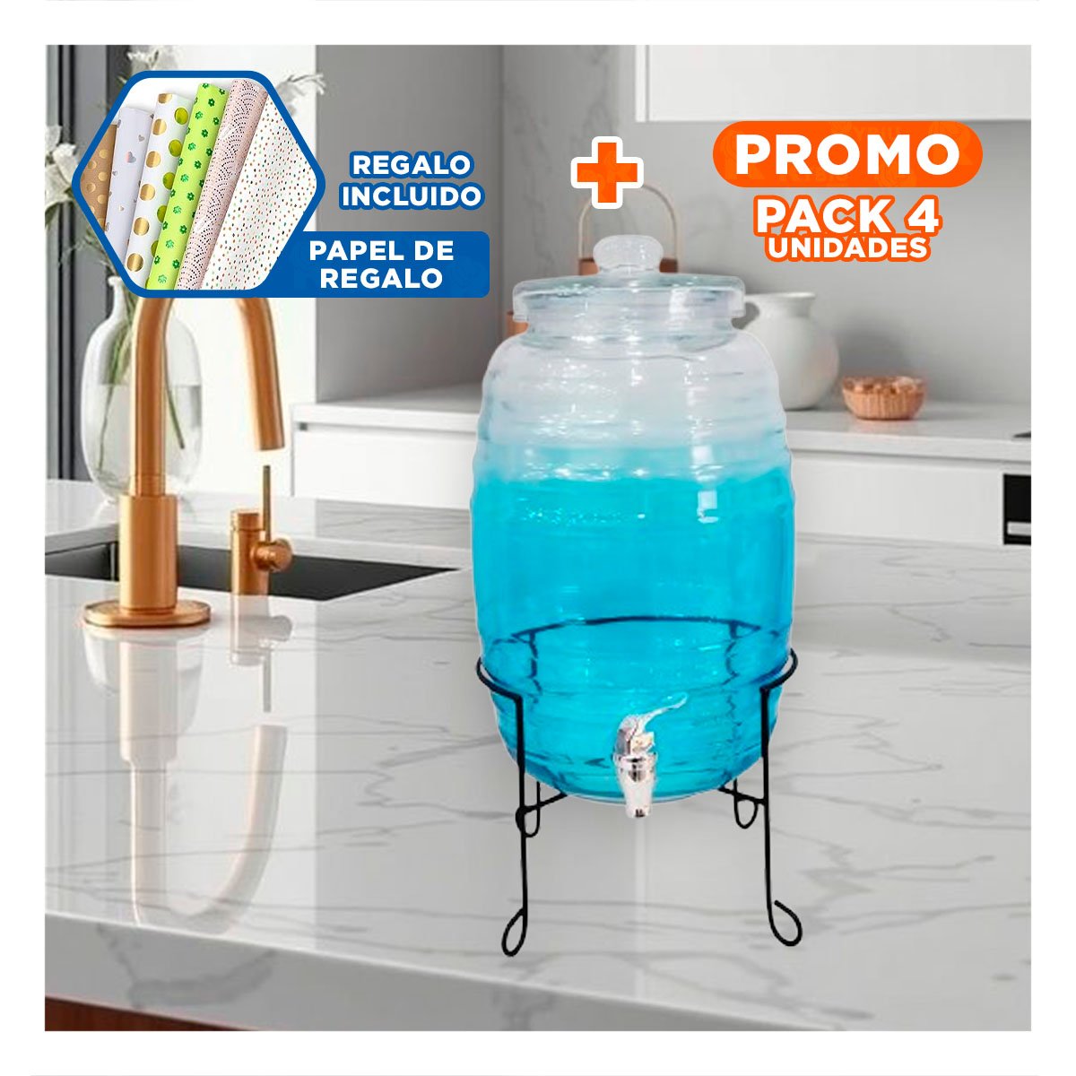 Pack4 Equipo de Bebidas 10L con Base Metalica y Tapa Chupon Transparente Celeste Y+Papel Regalo