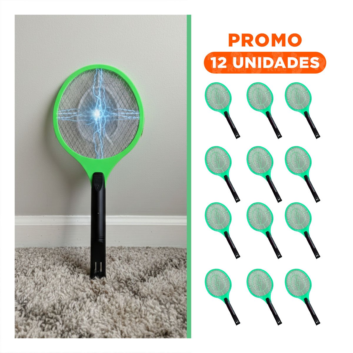 Pack12 Raqueta Electrica Verde Mango Negro para Casa y Uso Practico en Hogar Y+Regalo Sticker
