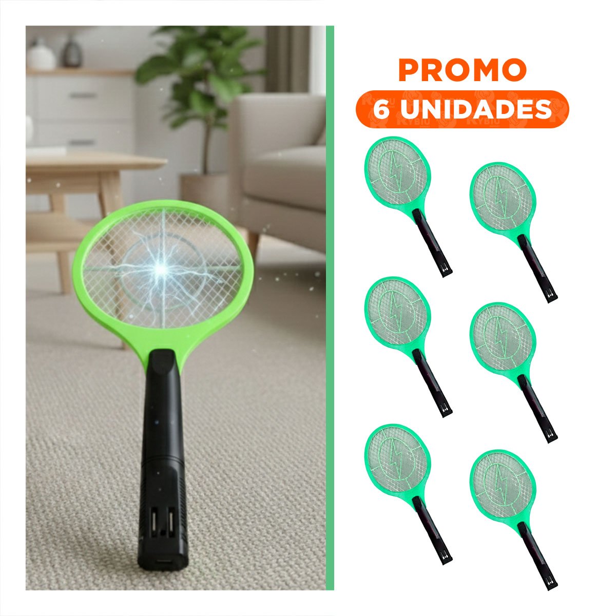Pack6 Raqueta Electrica Verde con Mango Negro para Casa y Eliminacion de Mosquitos