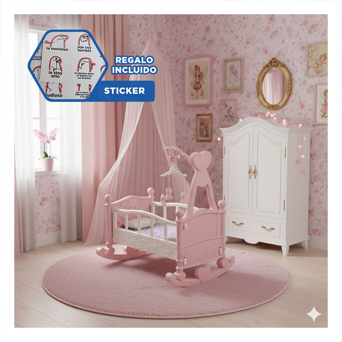 Cuna Mecedora para Juego Infantil para Dormir y Jugar Rosado 32x53x59cm Y+Regalo Sticker