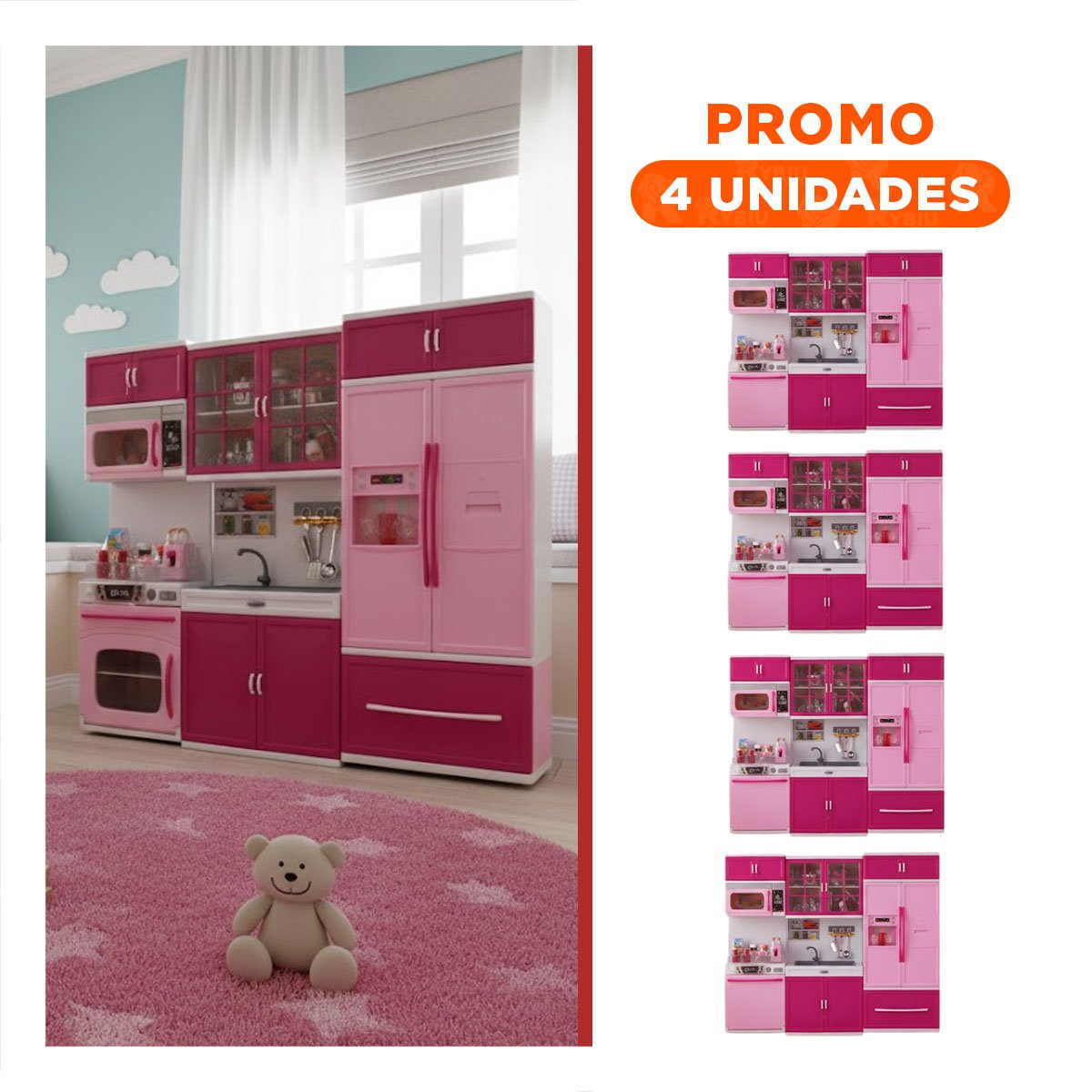 Pack4 Moderna Cocina de Juego con Luz y Sonido Rosado para Decoracion de Hogar Y+Regalo Sticker