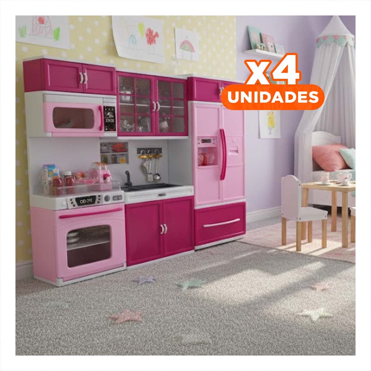 Pack4 Colorida Cocina Moderna de Juego con Luz y Sonido Rosado para Hogar
