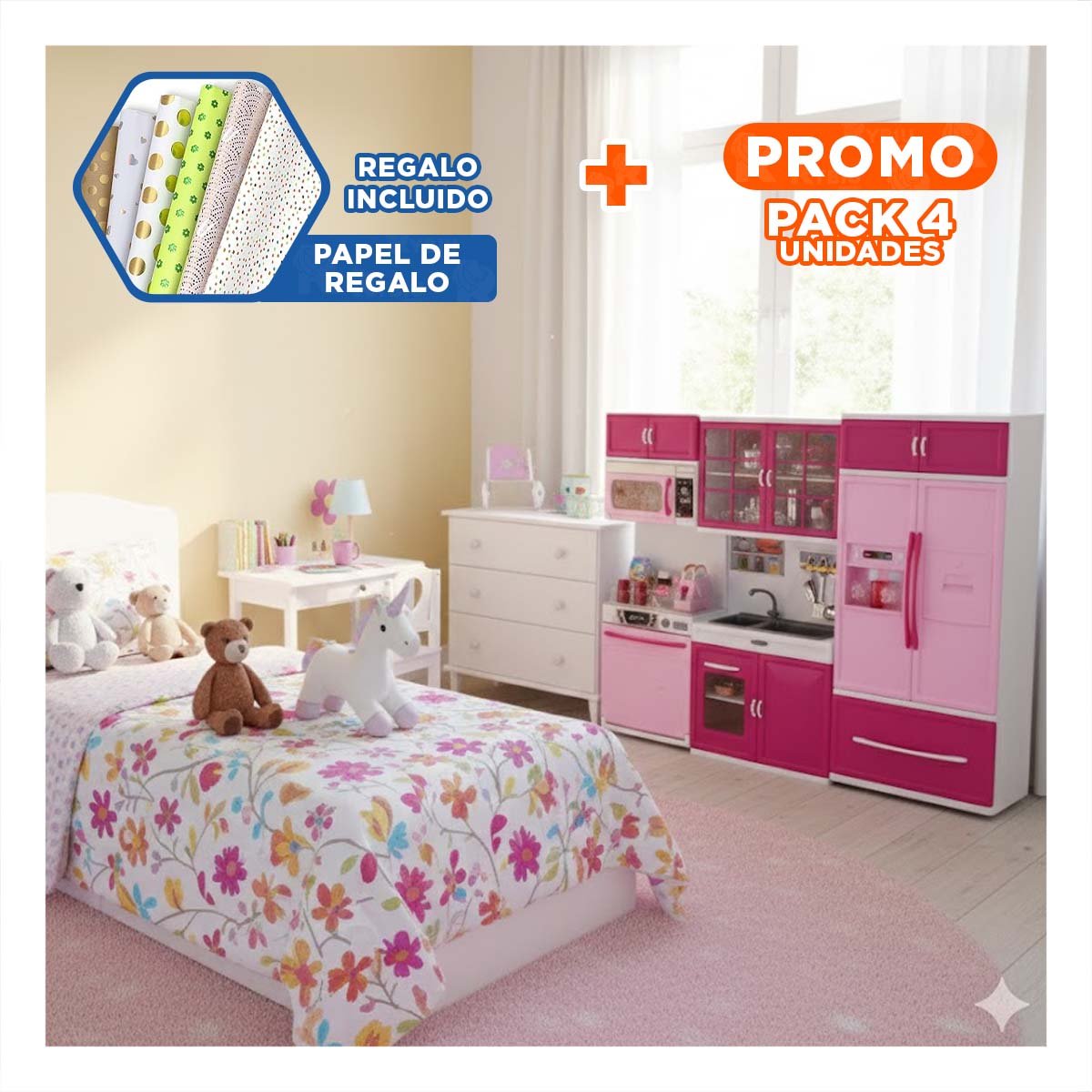 Pack4 Elegante Cocina Moderna de Juego con Luz y Sonido Rosado para Casa Y+Papel Regalo