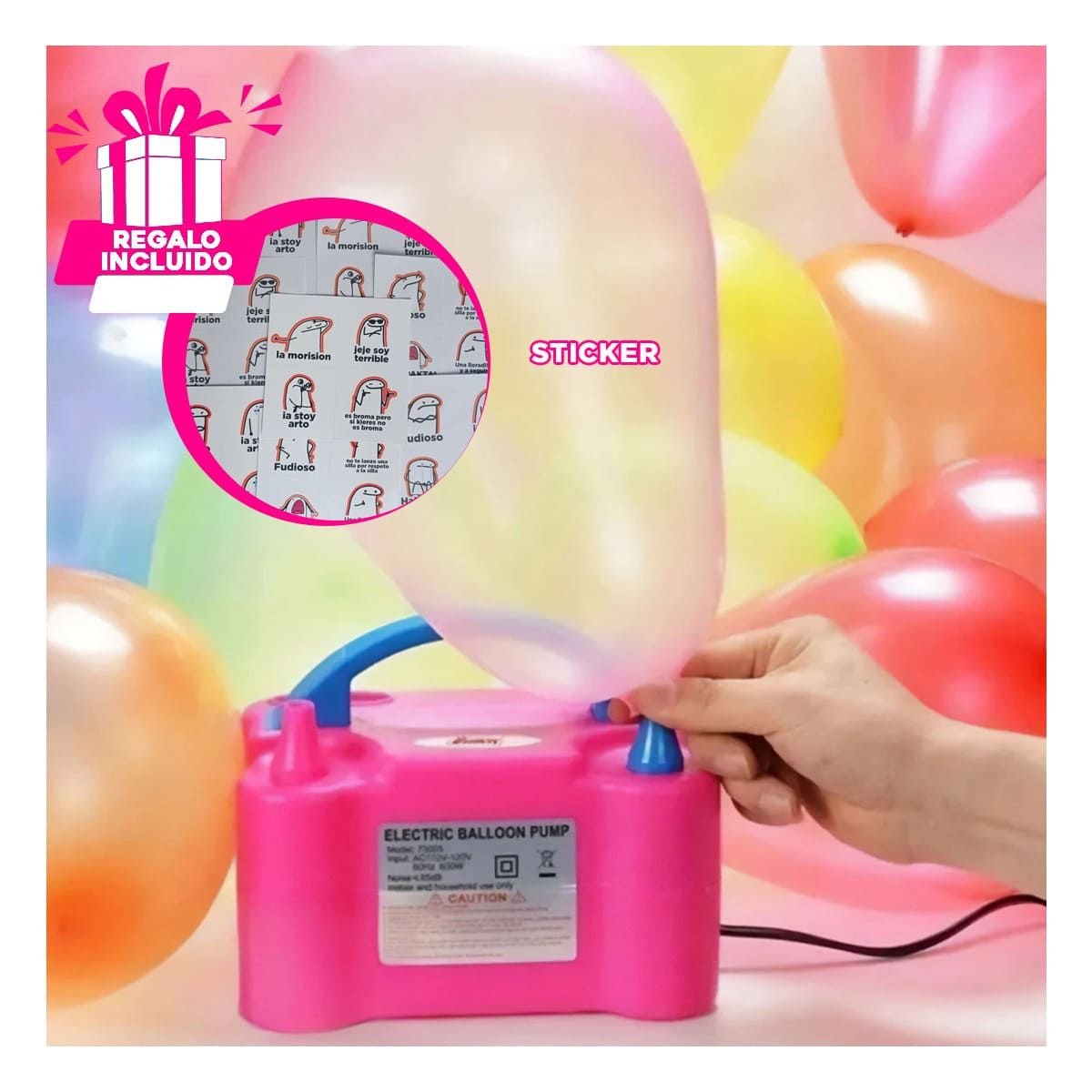 Inflador Portatil Fucsia y Facil de Usar en Fiesta y Diversion Y+Regalo Sticker