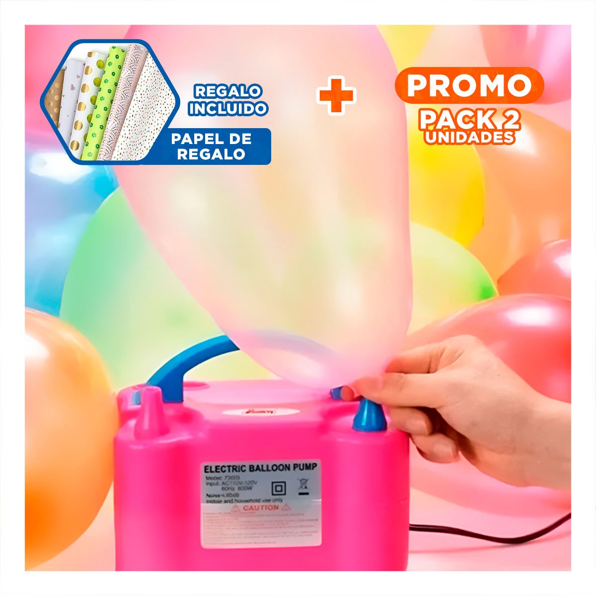 Pack2 Bomba Portatil Fucsia y Rapida para Decoracion y Juegos Y+Papel Regalo