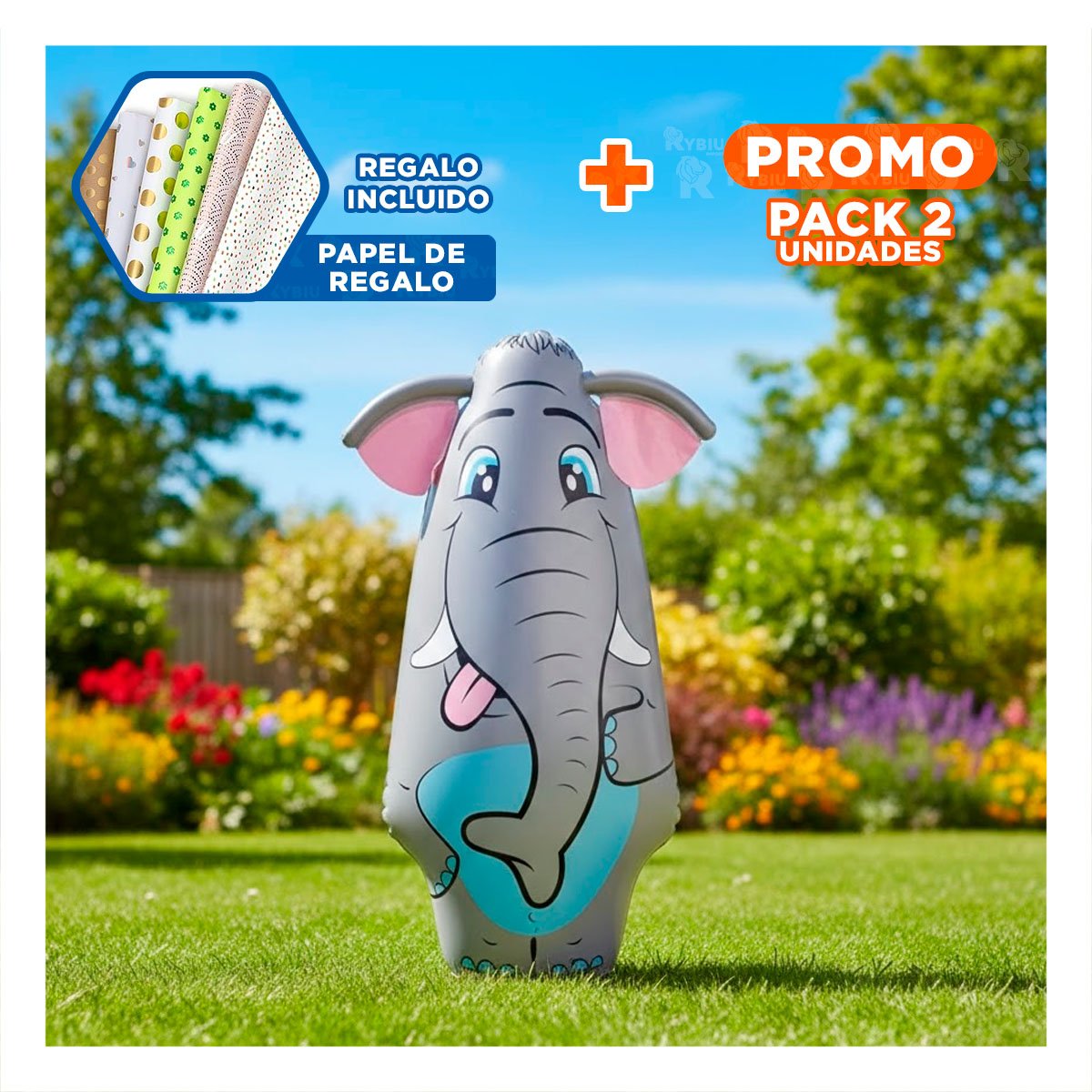 Pack2 Inflable Infantil De Elefante Para Juegos En Casa Y+Papel Regalo
