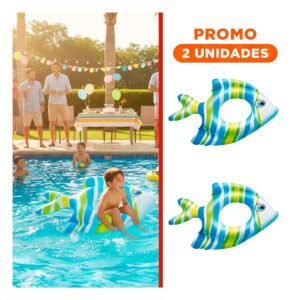 Pack2 Flotador Divertido Seguro Celeste Pez Rayado 83 x 81 cm para Piscina
