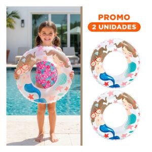 Pack2 Flotador Aro Blanco de 61 cm con Dibujos Divertidos de Sirena para Piscina